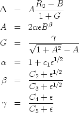 D   =  A R0----B-
          1 + G
A   =  2aeBb

G   =    V~ ---g-------
          1 + A2 - A
a   =  1 + c e1/2
            1 1/2
 b  =   C2-+-e---
        C3 + e1/2
        C4 + e
 g  =   -------
        C5 + e
